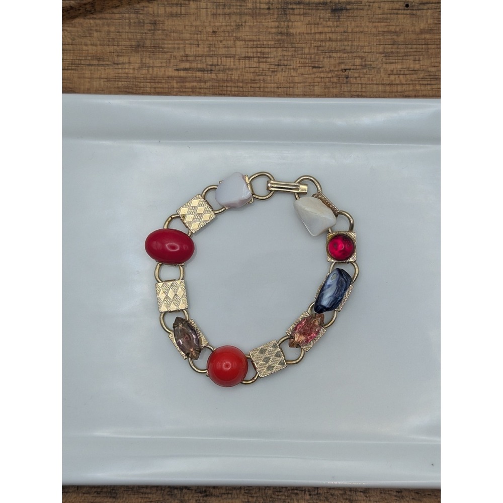 Unbranded Link Bracelet Women 6.5 Gold Red Blue Multi Stone Chunky Vintage Style